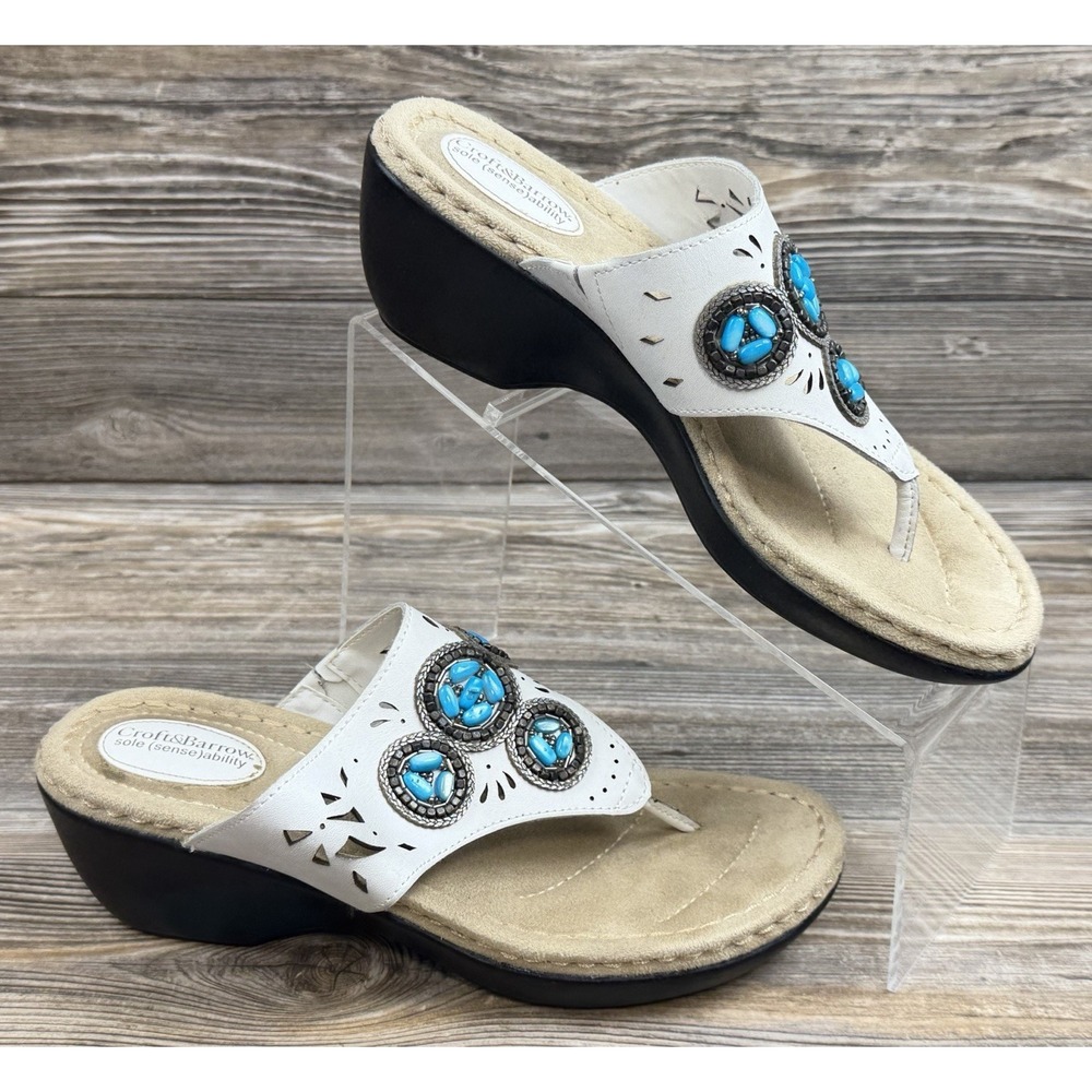 CROFT & BARROW Sole Sense Ability White Leather Thong Jewel Wedge Sandals Size 9